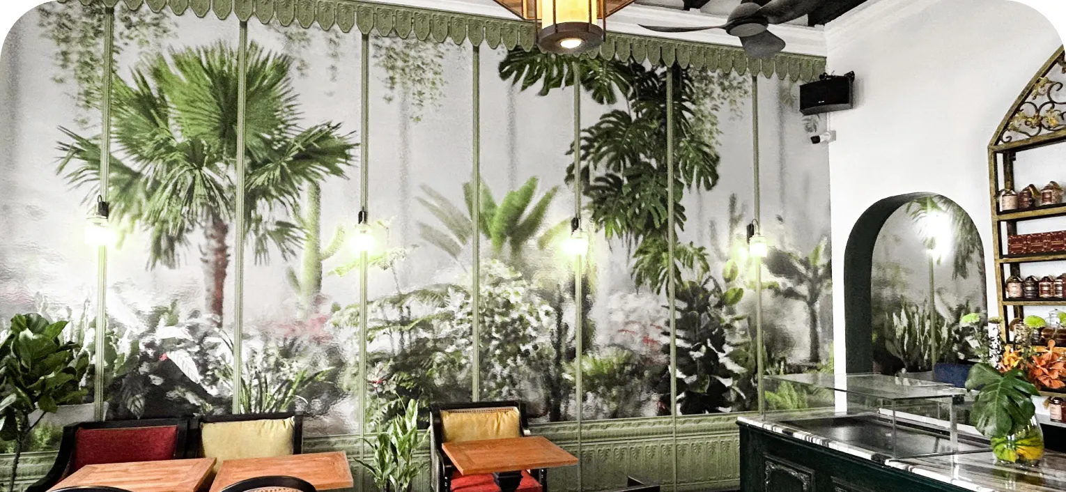 Refreshing Restaurant Ambiance with Tropical Wallpaper